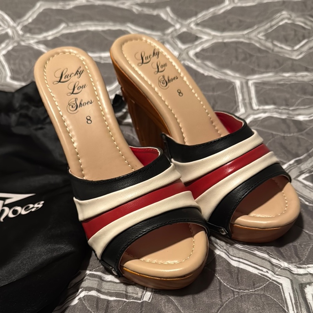 Red and Black Tiki Heel Mules